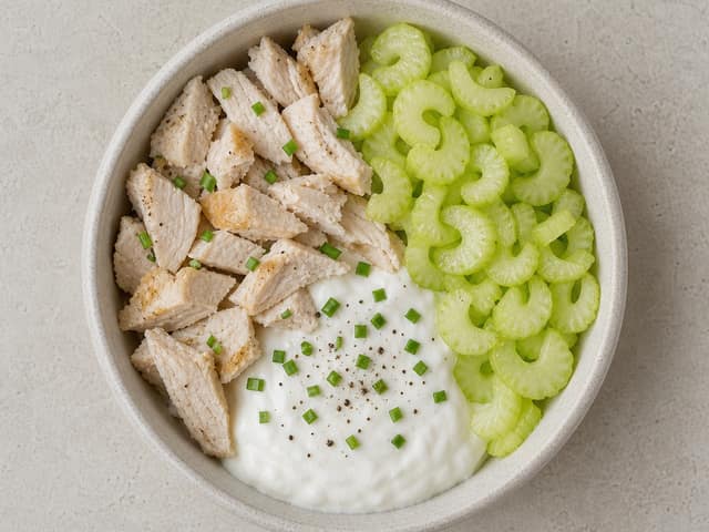 Prepared cold rotisserie chicken quark celery cup