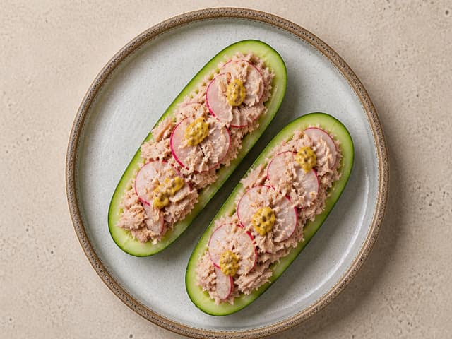 Prepared tuna radish cucumber boats